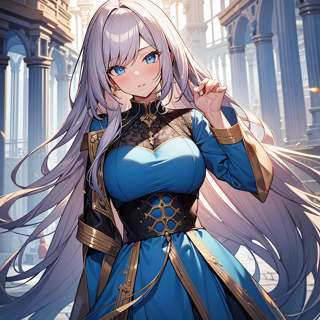 style girl, 3d.solo, dramatic angle, imid shot, focus on face, leaning forward, Extremely gorgeous metal style, Perfect female body, woman, Fluttering long hair, gold hair.lace, super fucking beautiful, light blush, tsurime, parted lips, large breasts, beautiful detailed blue eyes, with blue ornaments, dress, overexplosure, blue Clothes, Ancient palace background, flowing, 8k wallpaper, extremely detailed CG unity 8k, very precise detailed,