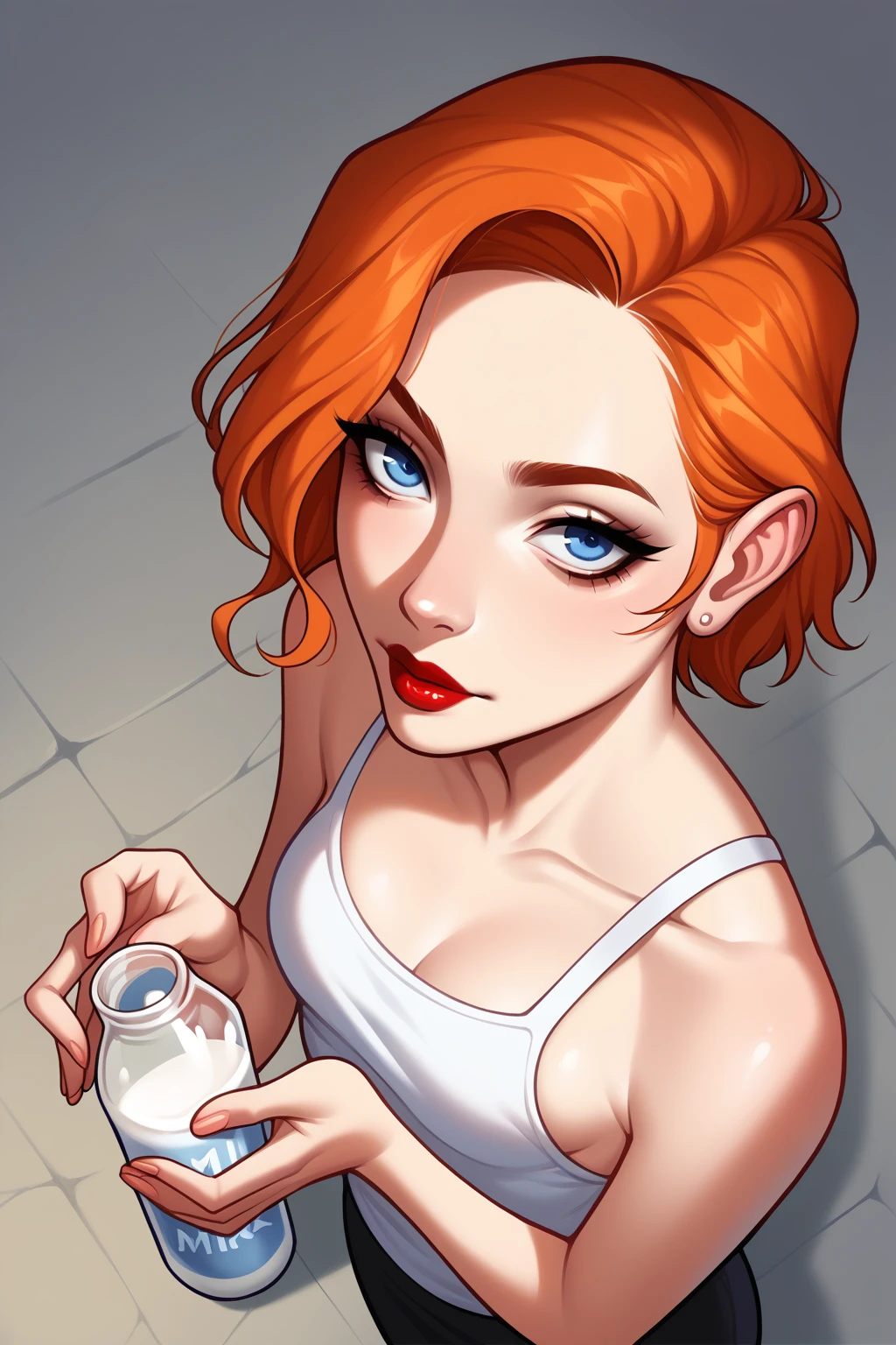 score_9, score_8_above, 1 girl, Alone, NSMeiPortia, wide, Blue eyes, parts, lipstick, Orange hair, chandal, trespass, milk bottles