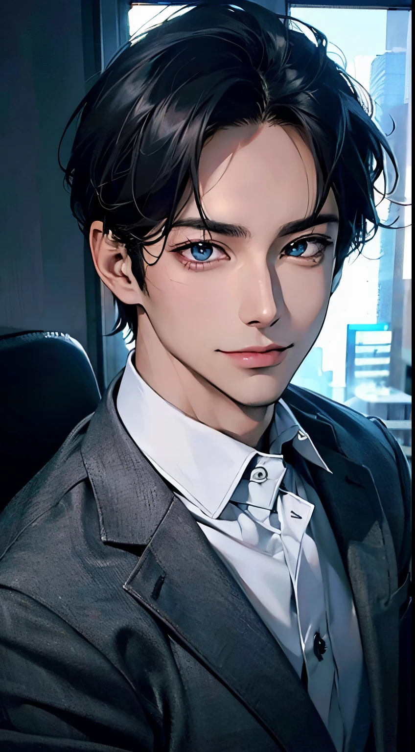 (Highest quality,4K,8K,High resolution,masterpiece:1.2),Super detailed,(Realistic,photoRealistic,photo-Realistic:1.37),1 person,31 years old,Mature Men,very handsome,Expressionless,smile,Short gray-black hair,blue eyes,Sharp Eyes,A perfect face without a doubt,Intimidating posture,Businessman,Office Background,Cinema Lighting,HDR image
