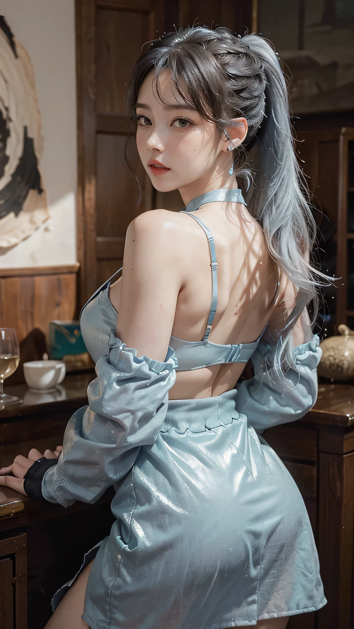 1girl, aqua eyes, back, bangs, bare shoulders, black gloves, blue eyes, braid, choker, earrings, fingerless gloves, from behind, gloves, grey hair, holding, jacket, jewelry, long hair, looking at viewer, looking back, nail polish, off shoulder, parted lips, piercing, ponytail, red jacket, solo, upper body,baiyi,[[realistic]],(shiny skin),(masterpiece:1.4),(best quality:1.4)