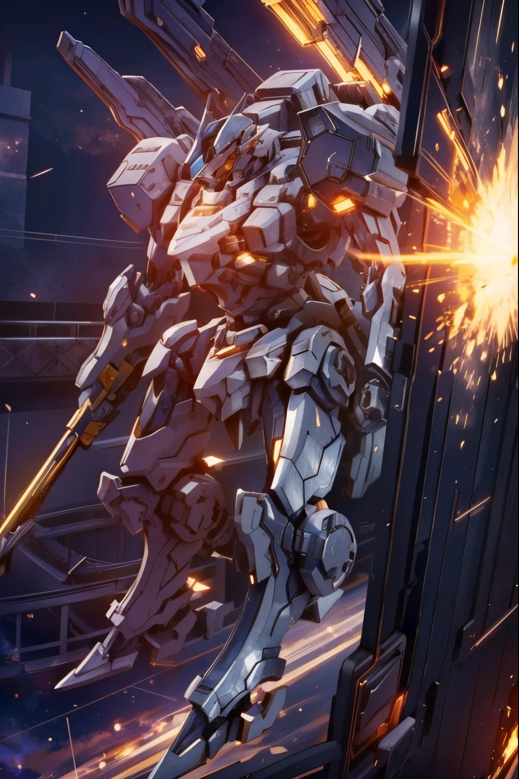 (work of art, best qualityer:1.5).Orange mech with white details, carried a double tower-shaped shield. Square body and octagonal connections brought a more sacred air, as well as its heavy and massive size to withstand heavy blows. Extremely detaild, 8K, HDR, natural light, cinematic lighting, masterpiece-anatomy-perfect, ultra HD, (Space Combat:1.5, Battlefield:1.5), RAW photo, metallic, professional, ultra-fine painting, perfect body proportions, anatomically correct, uhd, real texture material, Anti-Aliasing, FKAA, TXAA, SSAO, Post Processing, Post Production, Tone Mapping, CGI, VFX, SFX, hyper maximalist, Volumetric, ultra photorealultra-detailed intricate details.