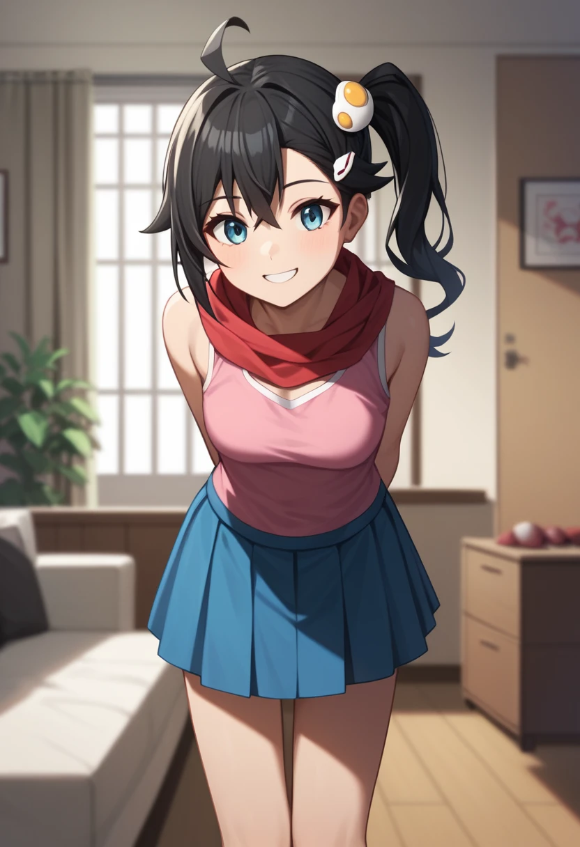 One girl, alone,  View your viewers, araragikaren,Long Hair, Black Hair,Pink sleeveless, blue skirt, skirt, Medium chest, Ahoge, Side Ponytail, Asymmetrical Hair, egg hair ornament, Red scarf, 
internal, living room, Cowboy Shot, smile, (Put your hands behind your back, Leaning forward),Shirt lift(Up to the chest),skirtリフト,
