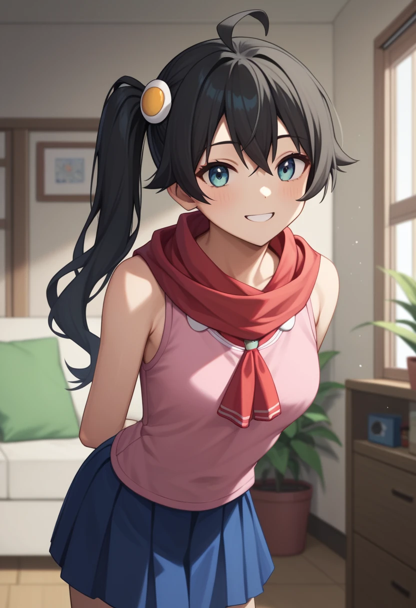 One girl, alone,  View your viewers, araragikaren,Long Hair, Black Hair,Pink sleeveless, blue skirt, skirt, Medium chest, Ahoge, Side Ponytail, Asymmetrical Hair, egg hair ornament, Red scarf, 
internal, living room, Cowboy Shot, smile, (Put your hands behind your back, Leaning forward),Shirt lift(Up to the chest),skirtリフト,
