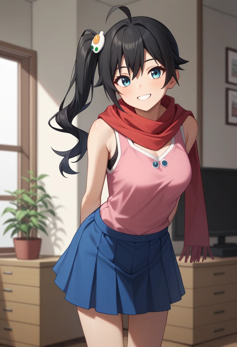 One girl, alone,  View your viewers, araragikaren,Long Hair, Black Hair,Pink sleeveless, blue skirt, skirt, Medium chest, Ahoge, Side Ponytail, Asymmetrical Hair, egg hair ornament, Red scarf, 
internal, living room, Cowboy Shot, smile, (Put your hands behind your back, Leaning forward),Shirt lift(Up to the chest),skirtリフト,
