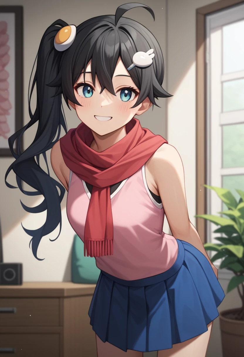 One girl, alone,  View your viewers, araragikaren,Long Hair, Black Hair,Pink sleeveless, blue skirt, skirt, Medium chest, Ahoge, Side Ponytail, Asymmetrical Hair, egg hair ornament, Red scarf, 
internal, living room, Cowboy Shot, smile, (Put your hands behind your back, Leaning forward),Shirt lift(Up to the chest),skirtリフト,
