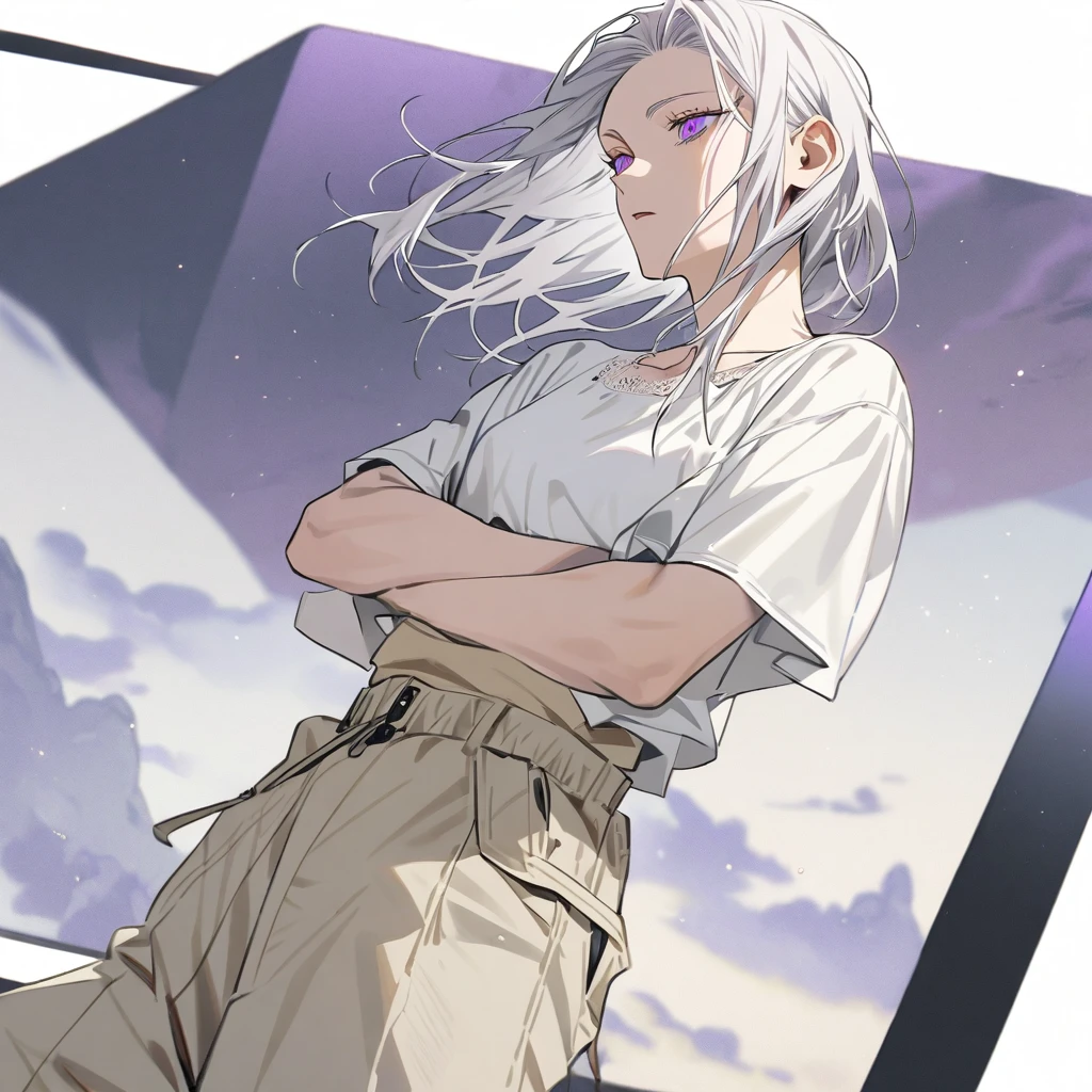 A jujutsu kaisen style boy with long white hair , purples eyes, wearing a basic white blouse, and beige cargo pants under the blouse, and a white sneaker