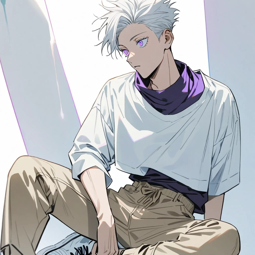 A jujutsu kaisen style boy with long white hair , purples eyes, wearing a basic white blouse, and beige cargo pants under the blouse, and a white sneaker