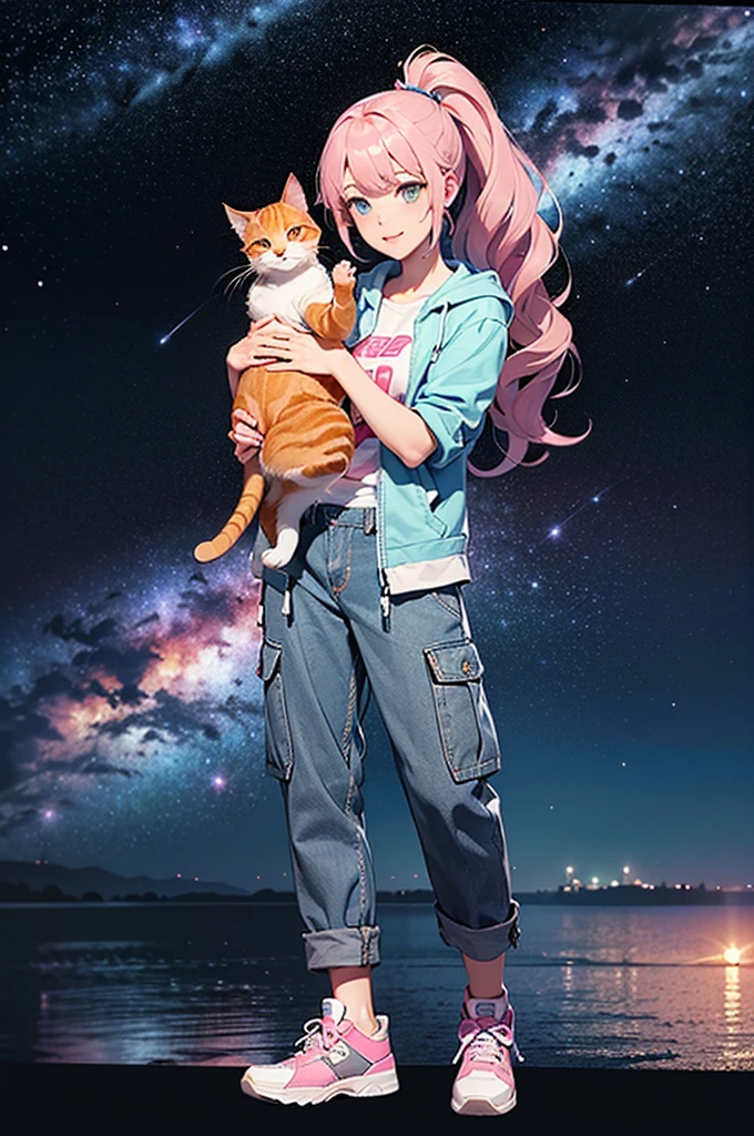 (((Holding a cute orange bantam cat in both hands))),((Highest quality,masterpiece,Full frontal view of a super mature and tall beauty,Air bangs,Blue gray high ponytail super long straight hair,Slightly curly hair on double sideburns,Hair ends curled in,Gray and pink short T-shirt,Light blue denim gray hooded jacket,Black and gray long and wide cargo pants,Pink and white sneakers,(((Look at the camera head-on))),starry sky galaxy background