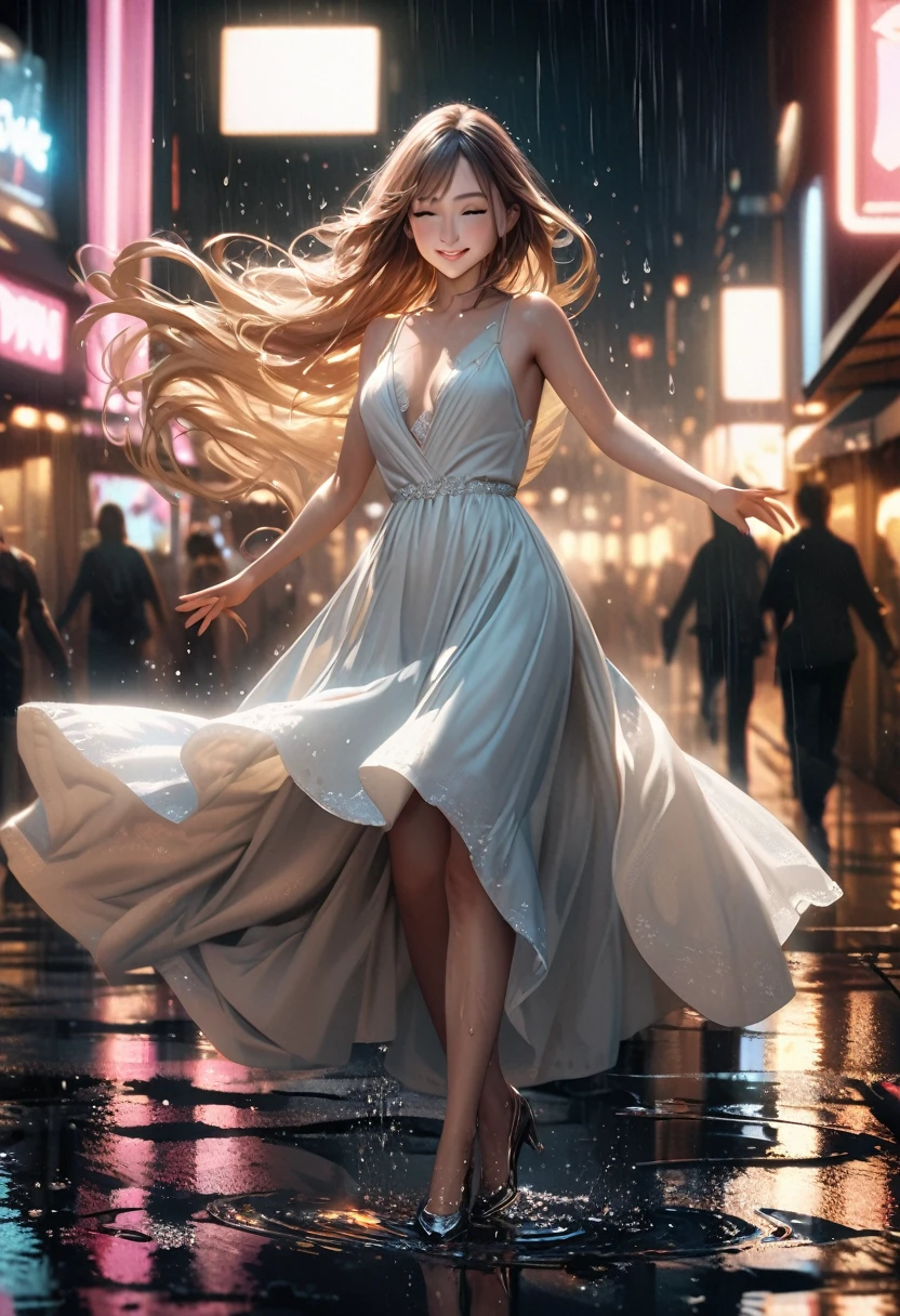 hyperrealistic, detailed, cinematic, 8k resolution illustration of a young, beautiful woman with flowing hair dancing in a rainy city street. She is wearing an elegant dress, smiling with her eyes closed, and her arms are outstretched,  She is carefree, and the neon lights reflect in puddles on the wet pavement, blurred, dramatic, with warm light from street lamps illuminating the raindrops,