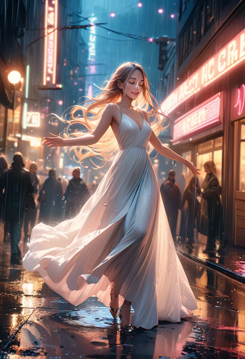 hyperrealistic, detailed, cinematic, 8k resolution illustration of a young, beautiful woman with flowing hair dancing in a rainy city street. She is wearing an elegant dress, smiling with her eyes closed, and her arms are outstretched, She is carefree, and the neon lights reflect in puddles on the wet pavement, blurred, dramatic, with warm light from street lamps illuminating the raindrops,