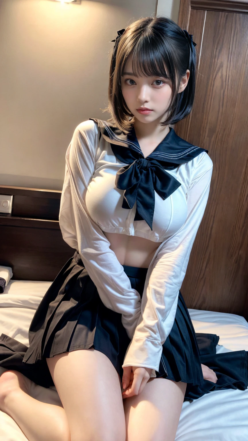 masterpiece, best quality, illustration, Super detailed, fine details, High resolution, 8K,wall paper, perfect dynamic composition,(Details High quality, realistic depiction of eyes:1.3), (Sailor Uniform, serafuku, Navy pleated skirt), large breasts,short bob hair, black hair color, Big Natural Color Lip, bold sexy pose, crying a little、cold gaze, Harajuku style、20 year old girl、cute type、ta、beautiful legs, hotel room, hposing Gravure Idol, woman on top, straddling, sitting)