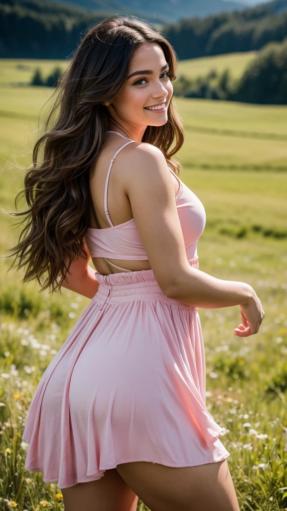 realistic body shot photo of spanish chubby smiling long hair woman dancing in front of camera wearing a pink cotton dress, meadow, glamour photoshoot, perfect anatomy, Perfect butt. Perfect hands with 5 fingers on each hand. fit girl, looking into the camera, strong hip:1.2, wide hip:1.3, 26 yo woman. (Eye makeup:1.1), (highly detailed skin:1.1), RAW, analog style, sharp focus, 8k UHD, DSLR, high quality, Fujifilm XT3, grain, award winning, masterpiece.