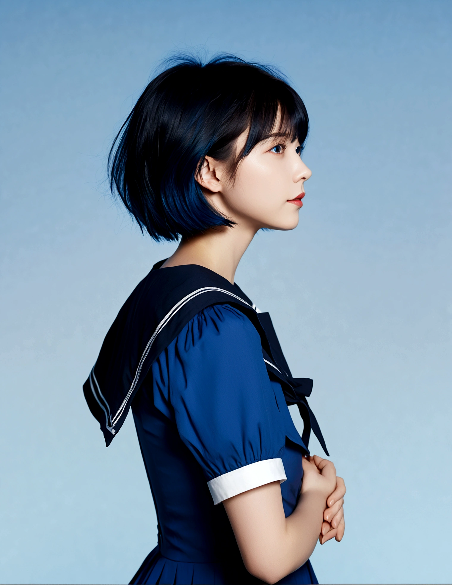 1girl, solo, short hair, blue eyes, simple background, black hair, dress, holding, blue hair, short sleeves, sailor collar, from side, gradient, gradient background, profile, blue dress, blue background, sailor dress