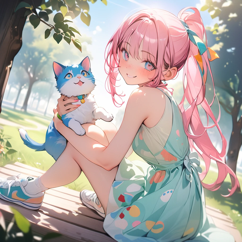 (masterpiece, best quality, very aesthetic, ultra detailed), intricate details, 
1girl, solo,
lightweight dress, pastel dress, playful design, colorful patterns, comfortable sneakers, casual shoes, playful accessories, pet-themed jewelry,
straight hair, medium length, playful ponytail, colorful hair ties, bright eyes, curious expression, natural makeup, freckles, holding a small pet, fluffy dog, small cat,
looking at viewer, joyful smile,
park, greenery, sunny day, sitting on bench,
warm composition, cheerful composition, natural lighting, dynamic angle, whimsical, vibrant colors, playful atmosphere, joyful mood,