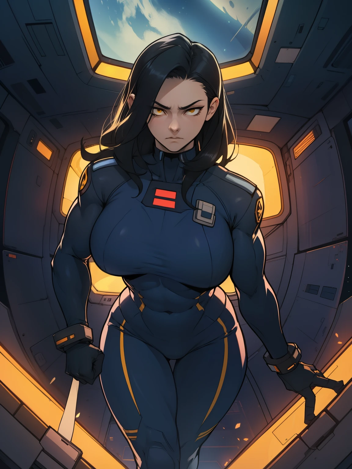 massive hair huge breasts giant muscles expressionless sad girl black hair long hair yellow eyes pale skin extremely thick ((alien suit inside spaceship cockpit))