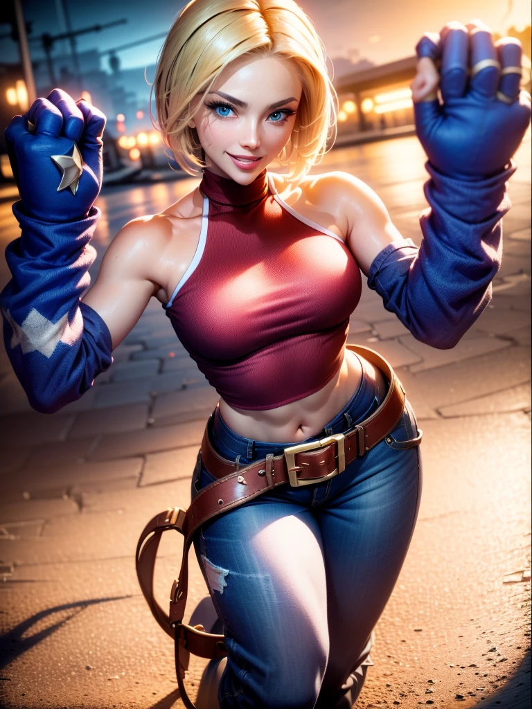 30-year-old woman, alone, athletic, jacket, semi-short blonde hair, wears red tight crop top, wears blue dogger pants, smiling in front of viewer, pointing at viewer, high resolution, absurd, intricate, sharp focus , sunset on the beach, 40 megapixels, 500 dpi, best quality, masterpiece, high resolution, perfect image, highly detailed, high contrast, digital colors, simple, medium shot, cinematic, ultra sharp focus, award-winning photography, contrast perfect, high sharpness, depth of field, ultra detailed photography, global illumination, fluid, ultra high definition, 8k, Unreal Engine 5, ultra sharp focus, award winning photography, art season trends,