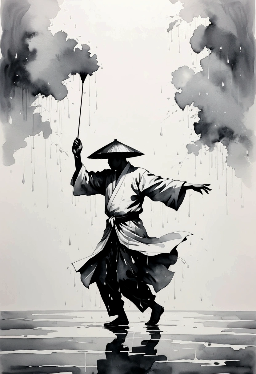 中国Ink Painting, Gray and White, Minimum,White background,Waterway, Minimalism, Huge negative space, Ink Painting, Abstract，heavy rain，A person dancing in the rain