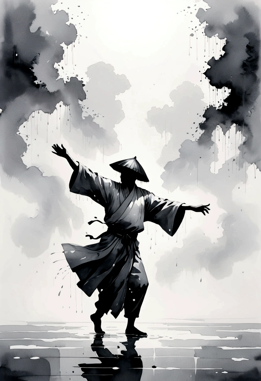 中国Ink Painting, Gray and White, Minimum,White background,Waterway, Minimalism, Huge negative space, Ink Painting, Abstract，heavy rain，A person dancing in the rain