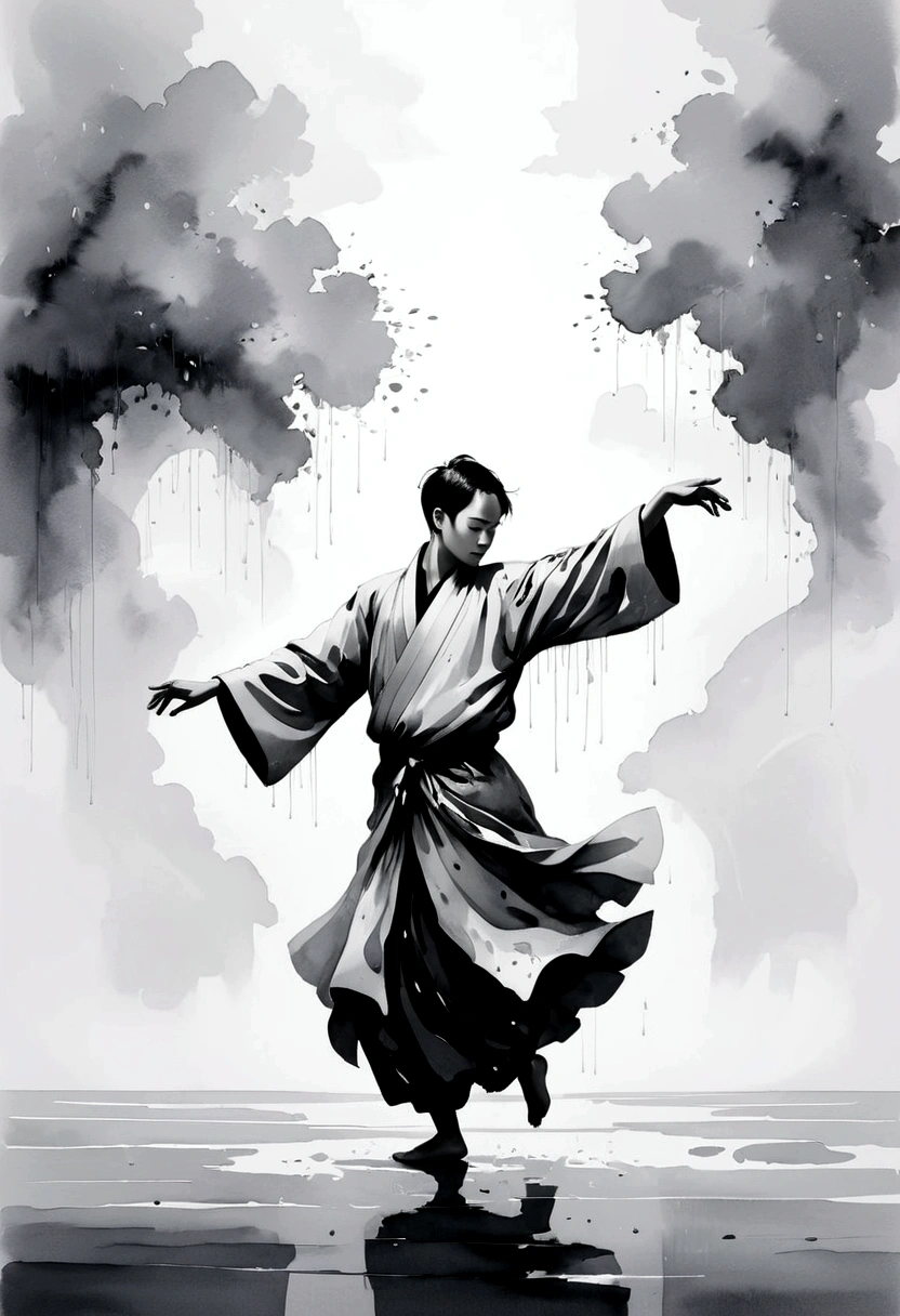 中国Ink Painting, Gray and White, Minimum,White background,Waterway, Minimalism, Huge negative space, Ink Painting, Abstract,heavy rain,A person dancing in the rain