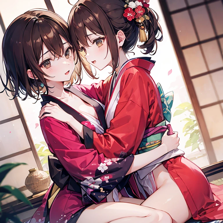 Brown haired sisters，Lesbian，In heat，They are hugging each other，kimono，Half naked，penis