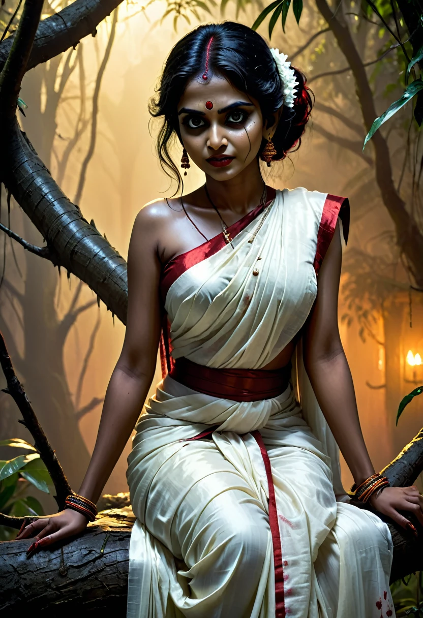 (dark jungle ambience) (horror dark effect) (full body) (scary face) a beautiful indian beautiful ghost girl wearing sleeveless white blood stained saree, (big but covered) sitting on a tree branch, scary bloody face, cruel smiling expression, emotionless, seductive, detailed face, detailed eyes, detailed lips, 8k, high quality, ultra-detailed, realistic, photorealistic, physically-based rendering, vivid colors, horror, dark fantasy, moody lighting, dramatic lighting