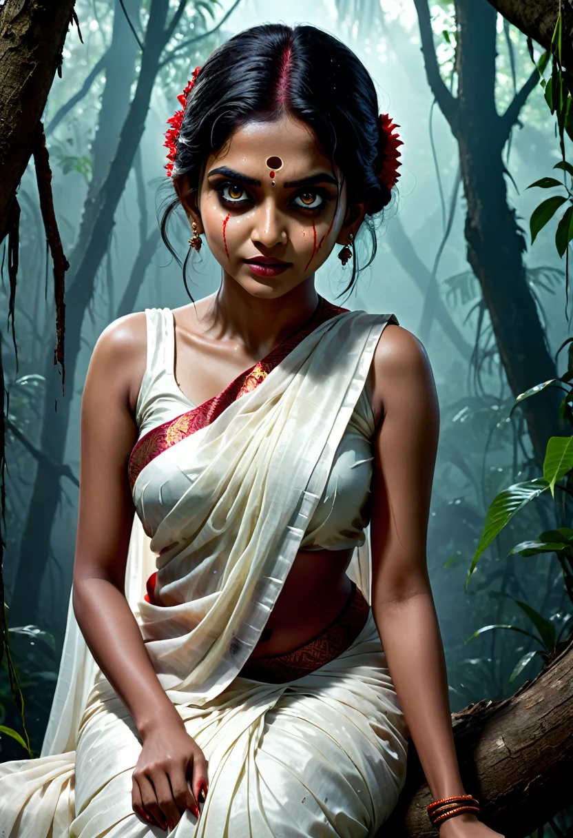 (dark jungle ambience) (horror dark effect) (full body) (scary face) a beautiful indian beautiful ghost girl wearing sleeveless white blood stained saree, (big but covered) sitting on a tree branch, scary bloody face, cruel smiling expression, emotionless, seductive, detailed face, detailed eyes, detailed lips, 8k, high quality, ultra-detailed, realistic, photorealistic, physically-based rendering, vivid colors, horror, dark fantasy, moody lighting, dramatic lighting