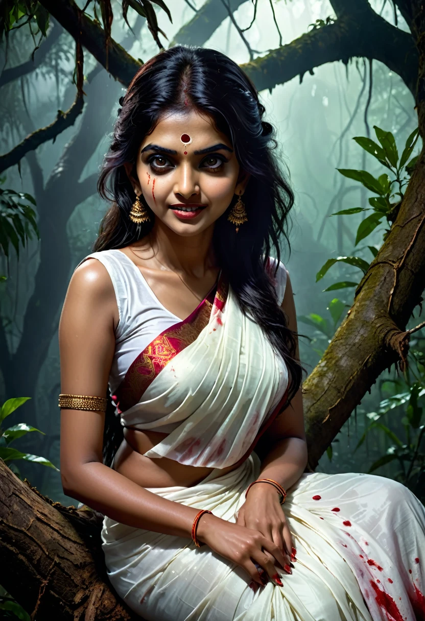 (dark jungle ambience) (horror dark effect) (full body) (scary face) a beautiful indian beautiful ghost girl wearing sleeveless white blood stained saree, (big but covered) sitting on a tree branch, scary bloody face, cruel smiling expression, emotionless, seductive, detailed face, detailed eyes, detailed lips, 8k, high quality, ultra-detailed, realistic, photorealistic, physically-based rendering, vivid colors, horror, dark fantasy, moody lighting, dramatic lighting