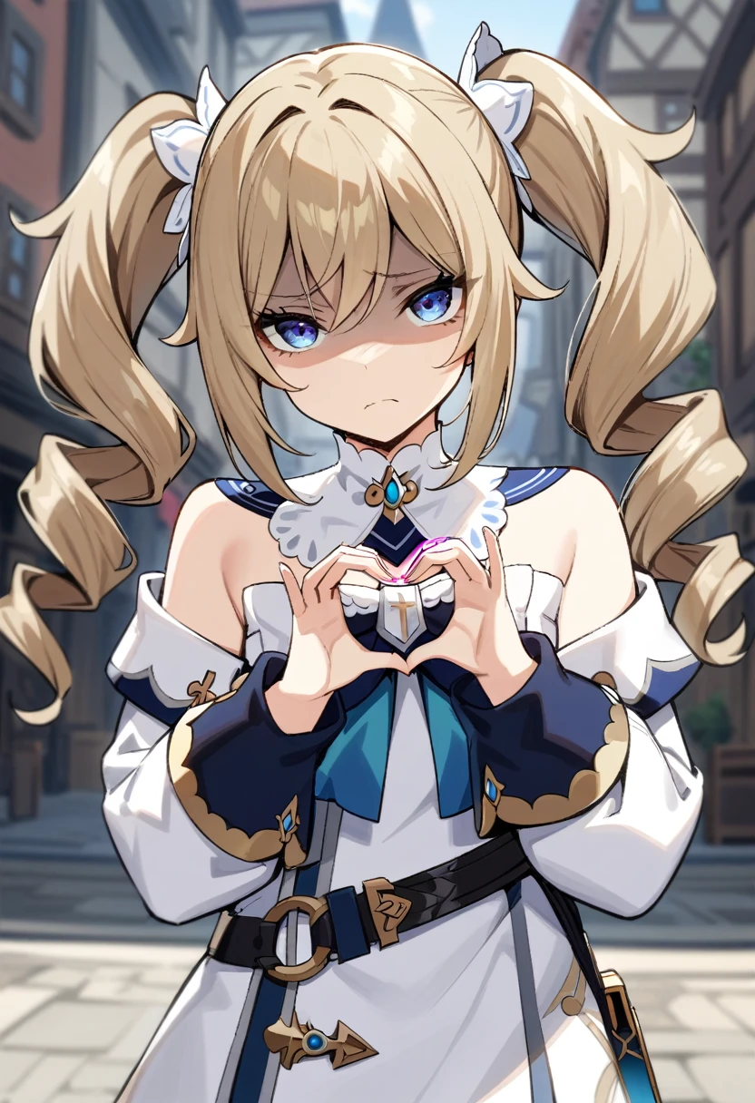 masterpiece, best quality, very aesthetic, absurdres,1girl, ,barbara_(genshin_impact), genshin_impact, 1girl, blonde_hair, blue_eyes, drill_hair, hair_between_eyes, long_hair, twin_drills, twintails, bare_shoulders, detached_sleeves, dress, long_sleeves, pantyhose, white_dress, white_pantyhose,1girl,upper body, (contempt, disgust,shaded face,looking at viewer,frown),heart-shaped gesture,,in a plaza,blur background,background defocus