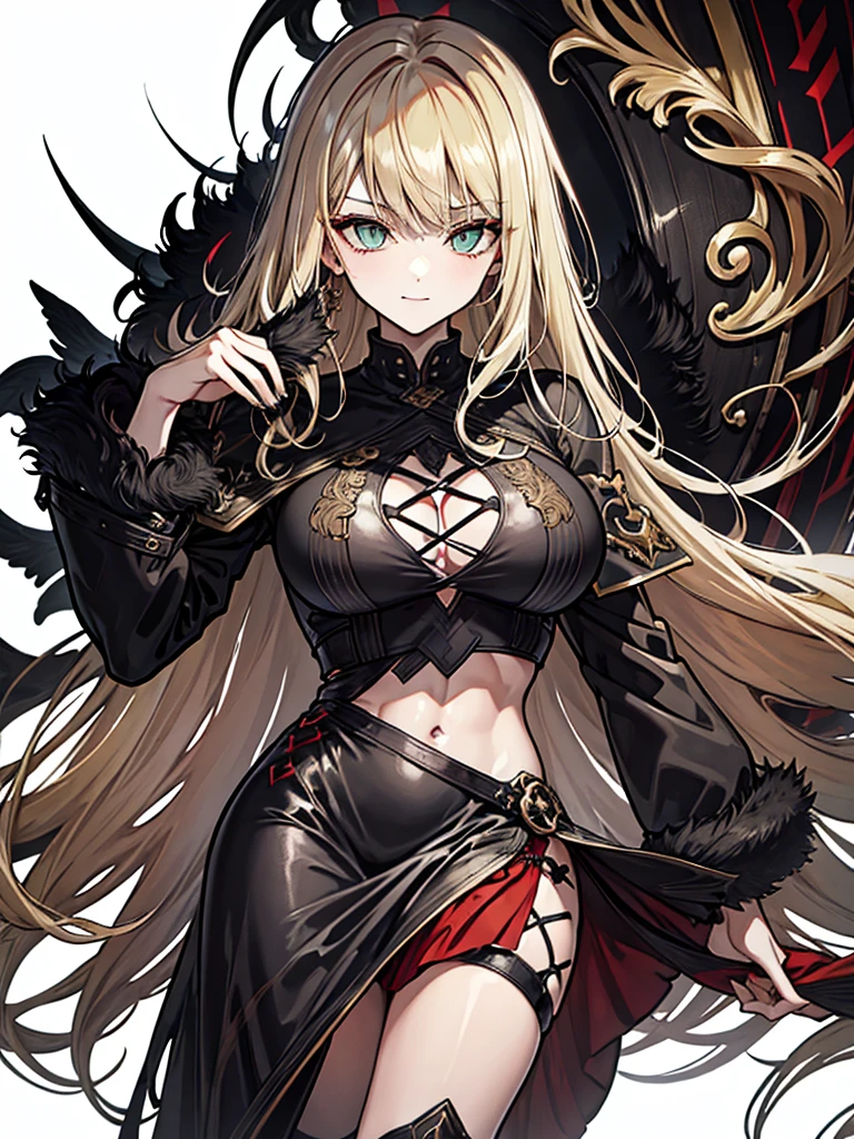 1girl, anime, cute girl, blank background, white background, fantasy, detailed fantasy dress with highlights, beautiful face, beautiful eyes, dark colors, black hair with multicolor streaks, red eye with different color pupil in eye, multicolor eye, medium small breasts (slightly big), slight cleavage, beautiful skin, cute, breast curtains, extremely delicate and beautiful, (beautiful detailed face:1.0), (detailed deep eyes), symmetrical breasts, deep eyes, shiny skin, portrait, slender waist, hips wider than shoulders, thighs, expressionless, young girl, luminous eyes, adorable,(Kpop idol),(aegyo sal:1),(Platinum blonde hair:1),((puffy eye)),Black panty,sexy posture,Superskirt, ultra high resolution,Black collar,slim figure, Abdominal y tattoo, womb tattoo,Tight-fitting leg ring,y tattoo on half-body,Bare skin, Armored hand,Hidden fingertips,Hand covered,Arm covered,Fist covered,{{beautiful detailed fingers}}, tufts of hair, moderate beautiful breast:1.0,(masterpiece:1.2), best quality, high-res, HDR, perfect face, intricate armor, delicate blue filigree, intricate filigree, red metalic parts, detailed part, dynamic pose, dynamic lights,