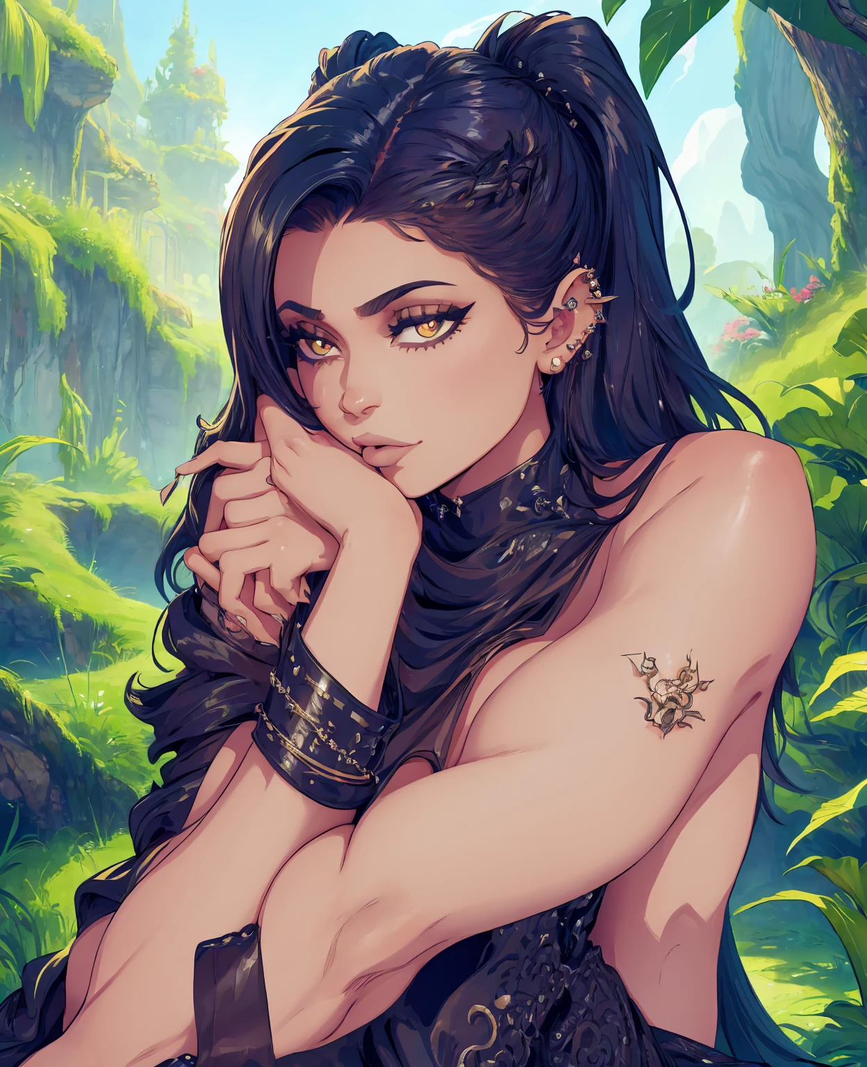a beautiful young woman with kylie jenner's features, dog-like ears, sensual expression, lycan inspired fantasy character, detailed face, piercing eyes, sharp facial features, flawless skin, flowing hair, detailed clothing, fantasy environment, ultra-detailed, 8k, high quality, photorealistic