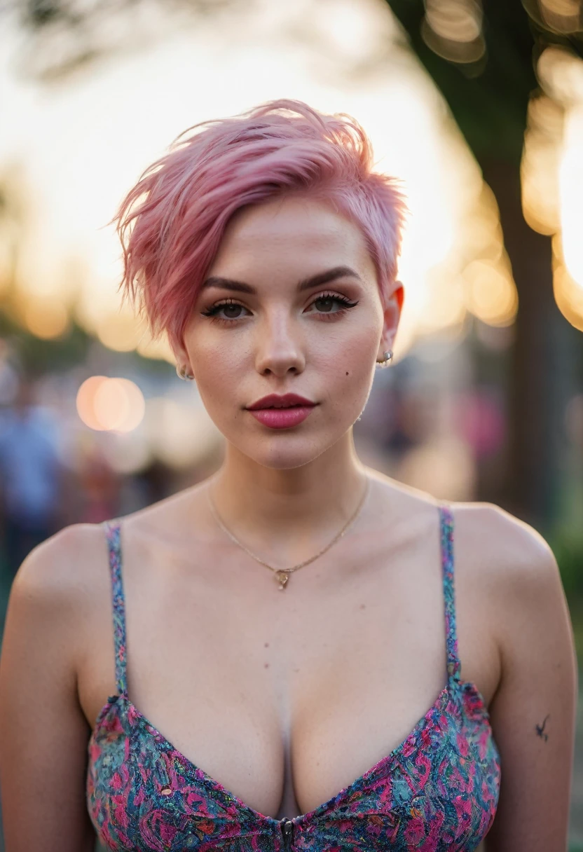 raw photography, candid and raw full length shot of a beautiful 20 year old girl, big lips, whole body, high cheekbones, playful, American, busty, short pink hair, realistic skin texture, very tall and athletic, boho-chic, defective skin, filmed with Sony Alpha A6500 1.4f, bokeh, Very detailed, Masterpiece