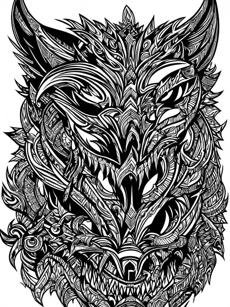 Intricate black and white tattoo style design featuring a snarling wolf head with sharp teeth and an extended tongue, over a menacing human skull adorned with horns and crossbones. Art with bold lines and crosshatched shading.