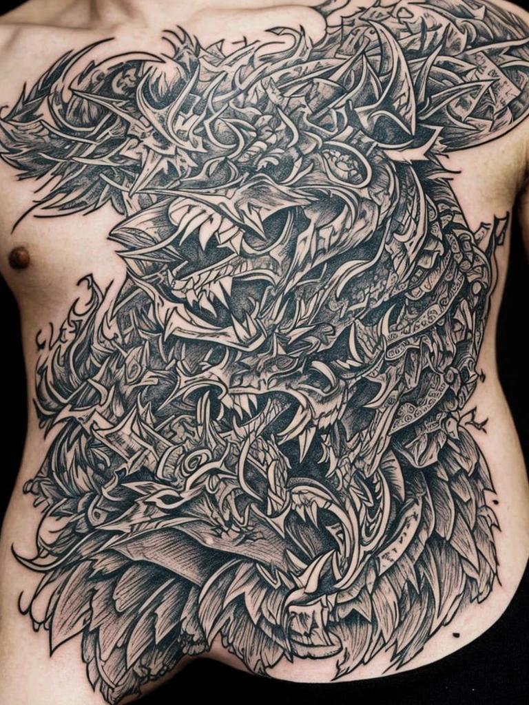 Intricate black and white tattoo style design featuring a snarling wolf head with sharp teeth and an extended tongue, over a menacing human skull adorned with horns and crossbones. Art with bold lines and crosshatched shading.