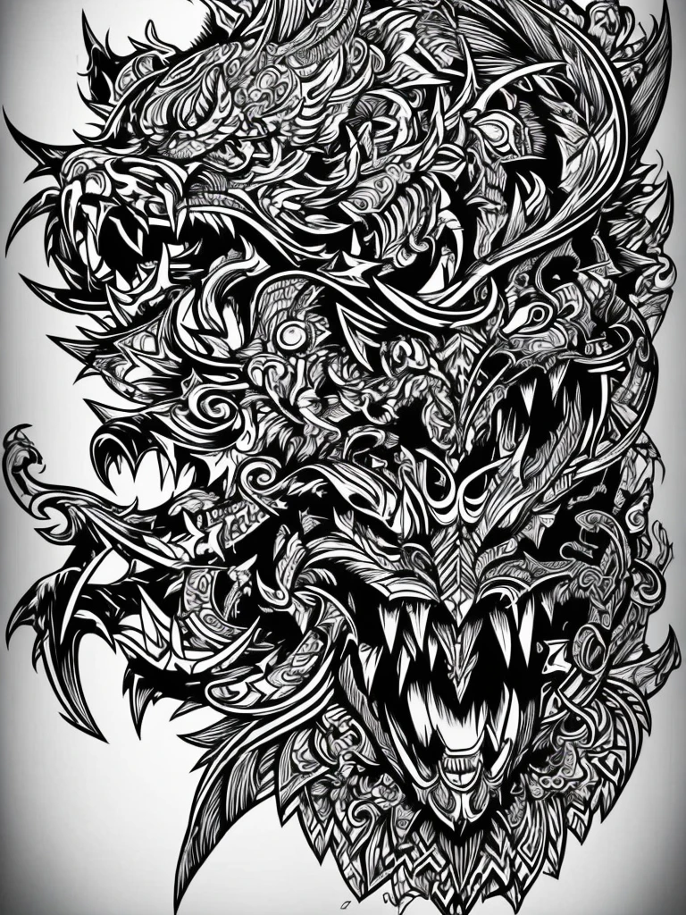 Intricate black and white tattoo style design featuring a snarling wolf head with sharp teeth and an extended tongue, over a menacing human skull adorned with horns and crossbones. Art with bold lines and crosshatched shading.