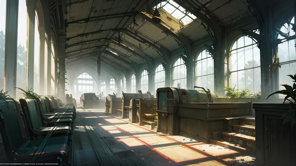 realistic detailed futuristic abandoned train station interior, high ceiling glass walls, overgrown plants, decaying benches, long check-in counters, rays of light, cinematic lighting, moody atmosphere, dramatic perspective, volumetric fog, intricate architecture, weathered materials, sense of decay, photorealistic