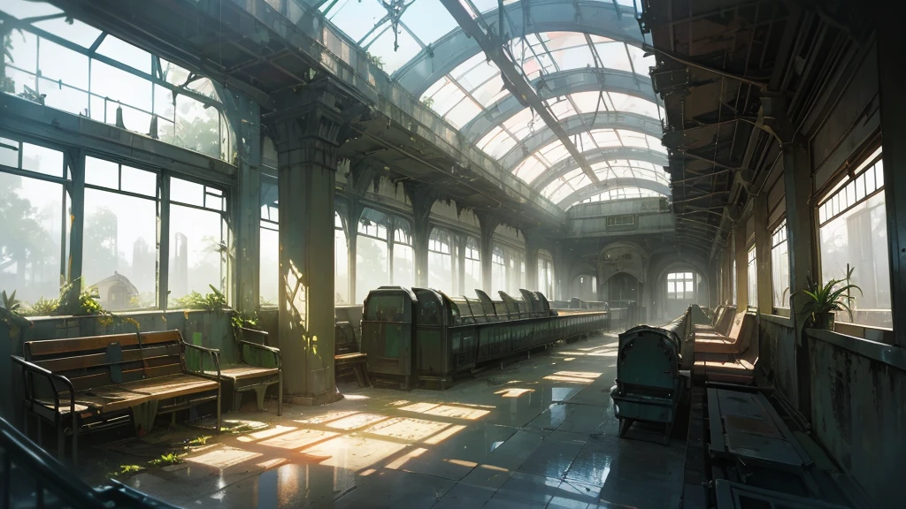 realistic detailed futuristic abandoned train station interior, high ceiling glass walls, overgrown plants, decaying benches, long check-in counters, rays of light, cinematic lighting, moody atmosphere, dramatic perspective, volumetric fog, intricate architecture, weathered materials, sense of decay, photorealistic