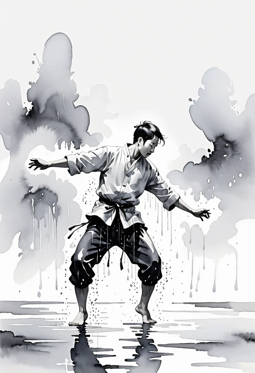 中国Ink Painting, Gray and White, Minimum,White background,Waterway, Minimalism, Huge negative space, Ink Painting, Abstract,heavy rain,A person dancing in the rain