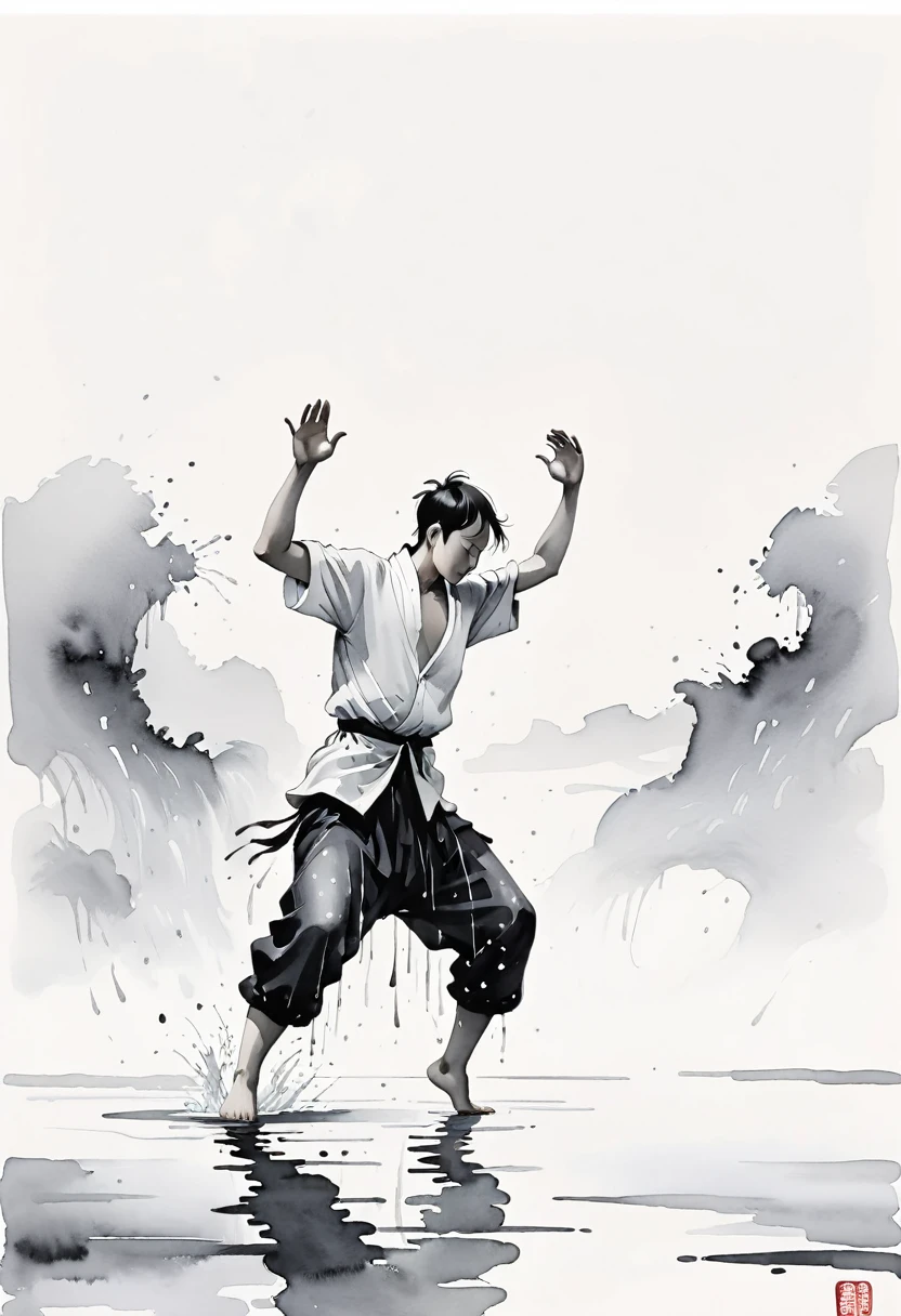 中国Ink Painting, Gray and White, Minimum,White background,Waterway, Minimalism,  Huge negative space, Ink Painting, Abstract，heavy rain，A person dancing in the rain