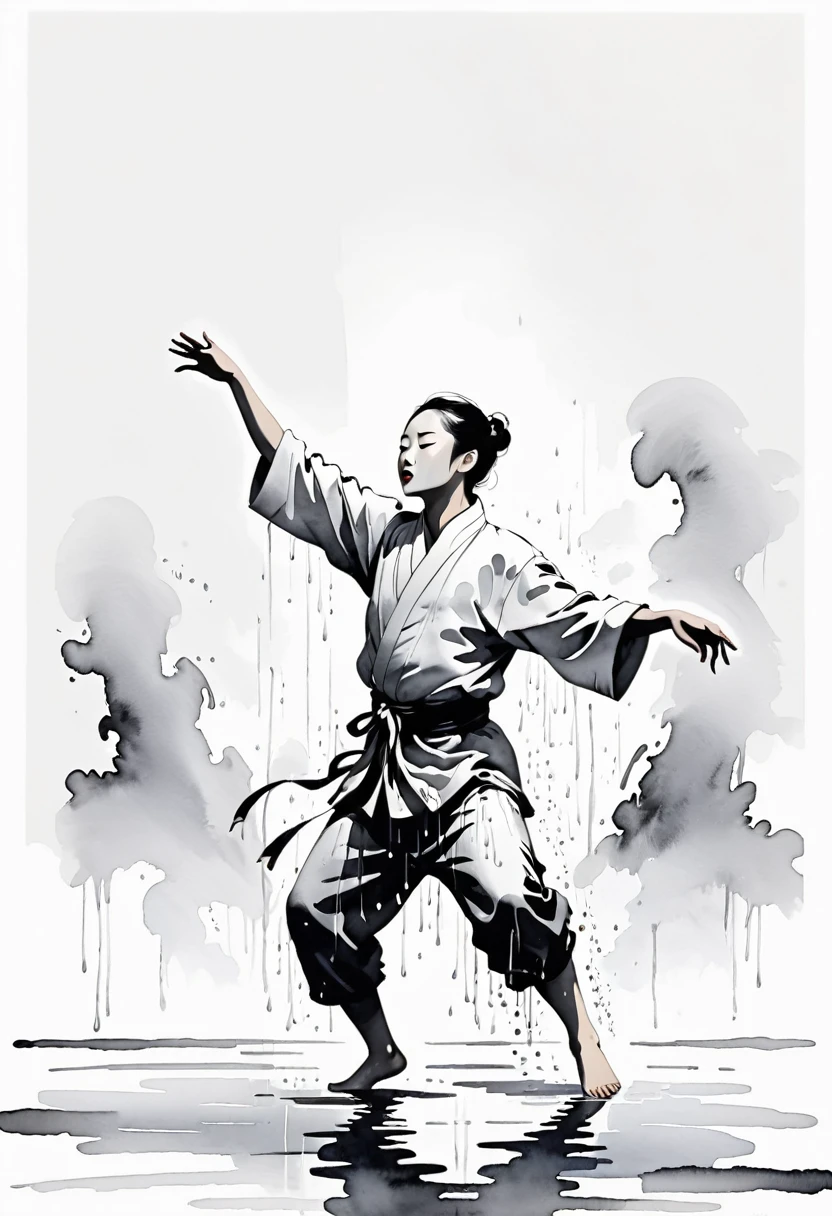 中国Ink Painting, Gray and White, Minimum,White background,Waterway, Minimalism,  Huge negative space, Ink Painting, Abstract，heavy rain，A person dancing in the rain
