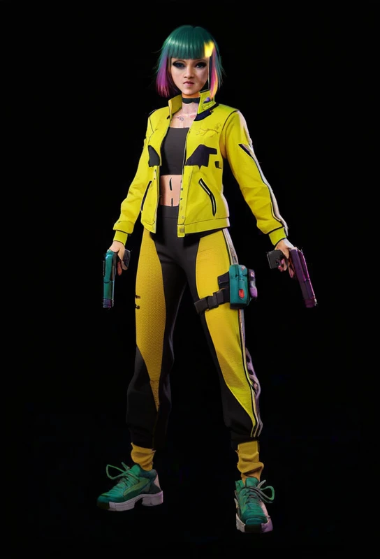 a kelly woman ( Free Fire), black fur,with yellow jacket free rire,Fitted white crop top,yellow pants,white tennis shoes, holding a gun, , Free Fire character, cyberpunk style 2 0 2 4, cyberpunk costumes, cyberpunk 2 0 years. o model girl, female main character, Cyberpunk 2 0 7 7 Character Art, cyberpunk style suit, kelly welles ciberpunk, Cyberpunk flame suit, cyberpunk femme fatale, cyberpunk costume,( Free Fire).