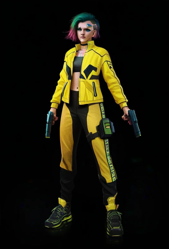 a kelly woman ( Free Fire), black fur,with yellow jacket free rire,Fitted white crop top,yellow pants,white tennis shoes, holding a gun, , Free Fire character, cyberpunk style 2 0 2 4, cyberpunk costumes, cyberpunk 2 0 years. o model girl, female main character, Cyberpunk 2 0 7 7 Character Art, cyberpunk style suit, kelly welles ciberpunk, Cyberpunk flame suit, cyberpunk femme fatale, cyberpunk costume,( Free Fire).