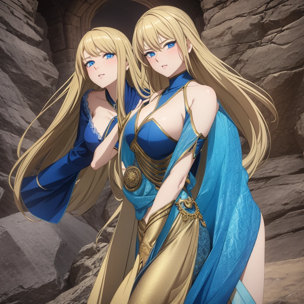 style girl, 3d.solo, dramatic angle, imid shot, focus on face, leaning forward, Extremely gorgeous metal style, Perfect female body, woman, Fluttering long hair, gold hair.lace, super fucking beautiful, light blush, tsurime, parted lips, large breasts, beautiful detailed blue eyes, with blue ornaments, dress, overexplosure, blue Clothes, Ancient palace background, flowing, 8k wallpaper, extremely detailed CG unity 8k, very precise detailed,