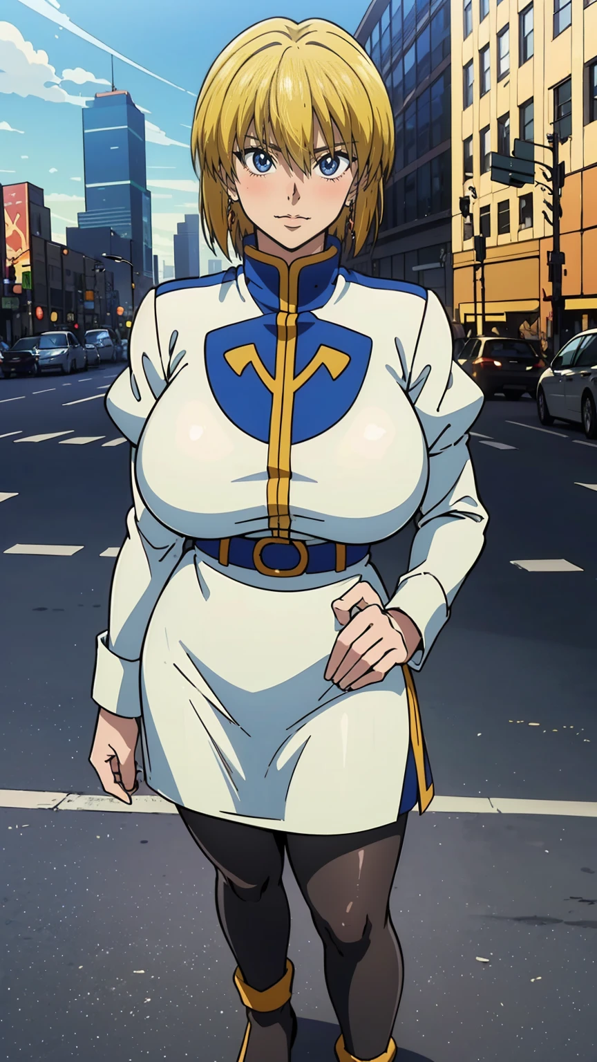 Turn your face and look straight ahead, Beautiful busty woman standing facing the front, (standing proud:1.4), (cowboy shot:1.2), (High Resolution), (Very Detailed), (Best Photo), (Best Quality), (Ultra Detailed), (masterpiece:1.5), very precise details,(Ultra High Resolution:1.4), the Extremely Detailed CG Unity 8K Wallpapers, highest quality, hight resolution, (Realistic, Photorealsitic, hyper realisitic:1.5), (Curve, Model, Farbe care:1.5), Farbe_aberration, the light shines on your face, profetional lighting, anime styled, beautiful hair, detailed hair,(Detailed Face), (Beautiful Detailed Eyes), Beautiful breasts, beautiful detailed shadow, Beautiful body, Beautiful skin, beautifull hands, precise details hands, beautiful fingers, very precise detailed fingers, (Ultra-detailed face, Detailed eyes:1.4), (Aesthetic Anime Eyes:1.4), (Light from the front :1.4), (shiny oiled skin: 1.4), (1girl in:1.4),(Solo:1.4), (Mature face and body), (city center:1.3), (york:1.2), highrise buildings, daylight, on the street, cars, (Beautiful cute face), (beautiful female lips), Charming, ((aroused expression)), looks at the camera with a gentle smile, earrings glossy lips, (juicy female lips), perfect female body, Beautiful waist, beautiful long eyelashes , put hands on the hip, raise the corners of the mouth, tilt her head, 30year old, mature female, Kurapika, 1girl, ((scarlet eyes)), blonde hair, ((bob hair)), flowing hair, fluttering hair, long legs, very large breasts, long breasts, saggy breasts, hips wider than shoulders, wide hips, beautiful thighs, thick thighs, simple clothess, ((full bodyblue tabard)), ((gold trim)), white shirt, long sleeves, puffy sleeves, white pants, ((simple yellow waist belt)), (blue very long skirt), (pantyhose:1.3), brown pantyhose, black high heels, pumps, hide breasts, full body