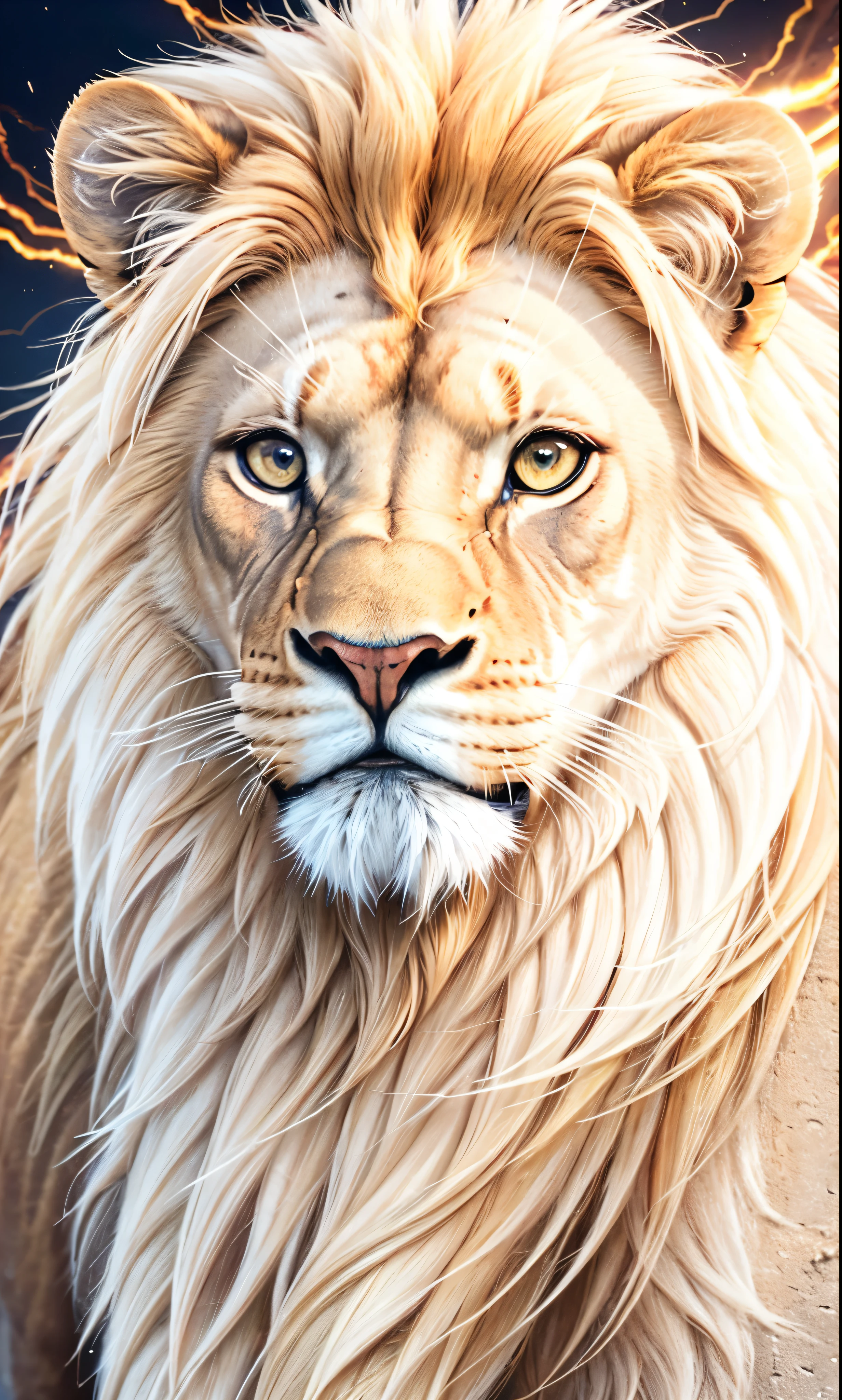 Lion, Divine Lion, naturals, thunder, Realistic Lion, rey, realistic detailed, Sunset light, sky, Sol noturno, realistic detailed 16K, Eletricidade Detalhada 8K, darkness background, Texturas realistas de 8K, Cores photorrealistic 8K, fire azul, realistic detailed Fire Bolt, sky Light Detailed, Power of thunder, Divine realistic, gold color, Divine gold, golden light, naturey, linda, Rendering, photorrealistic, UltraHigh definition, 4K, detailed textures, thunder, detailed shadows, detailed colors, neon blue, blue light, lightnings, blue power, naturey linda, Great Divine, peaceful face, naturalss, lightning, Electric Power Screw, detailed contrast, realistic contrast, high resolution, detailed colors, fire, villany, divine creature, 8K FullHD, realistic detailed, 16K, 8K, High definition, detailed contrast, realistic contrast, high resolution, detailed colors, fire, villany, divine creature, 8K Realistic Lion Face, realistic detailed, posh, elegance