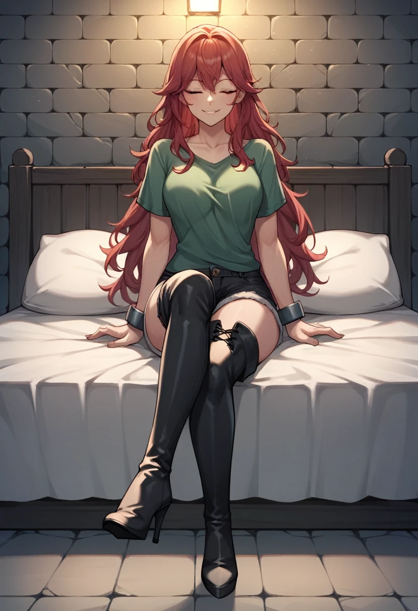 score_9, score_8_up, score_7_up, score_6_up, score_5_up, score_4_up, source_anime, 1woman, she on bed, sexy smile, red hair, loose hair, close eyes, w-w-chain,shackles, crossed legs, long hair, green shirt, shorts, thigh boots, black boots, metal heels, night, dungeon, best quality, best res, 4K UHD,