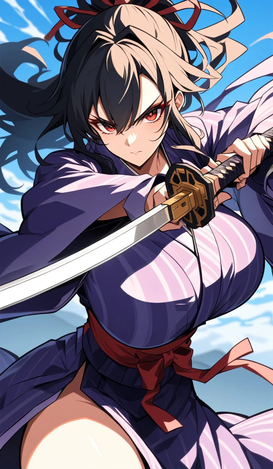 1 woman, Beautiful samurai woman in purple yukata and katana in her hands, and black hair, red eyes, huge breast. She’s in battle position, anime girl with sword, from arknights, badass anime 8 k, she is holding a katana sword, female anime character, katana, female action anime girl, katana zero, katana zero video game character, female samurai, anime style 4 k, unsheathing her katana, inspired by Okumura Masanobu