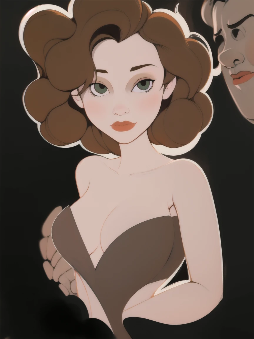 sexy art, naked woman, (detailed finished artwork, sticker), Kat Dennings face, Annie Hughes, random hair length, elegant 50s hairstyle, naked breasts out, displaying her naked breasts in a lewd manner, lewd pose, brunette, upper body, detailed face, simple background, random color background, western cartoon-style, solo, alone, detailed expressive eyes, nsfw, uncensored, explicit nudity, rating: mature, score 9 and up, rule34 hentai, naked upper body, bare shoulders, exposed midriff, slim tiny waist, inspired by disney,