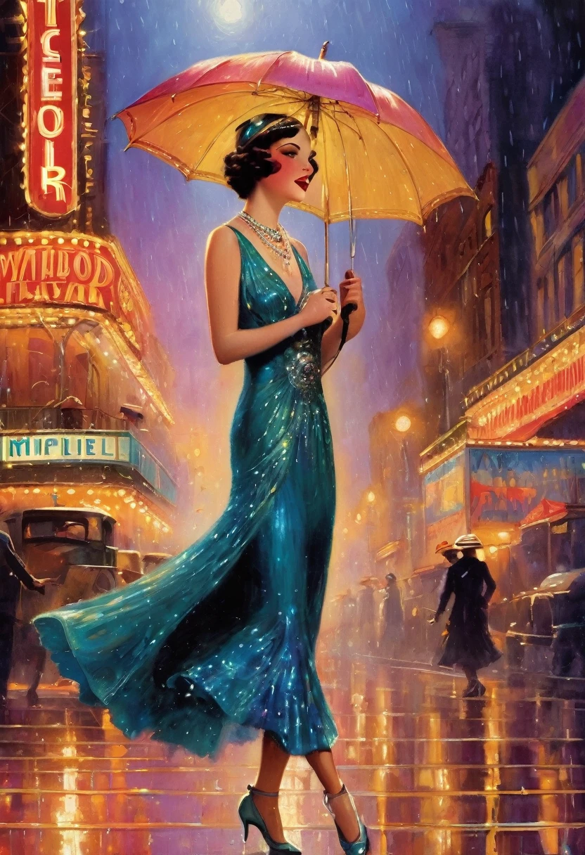 Quality improvement, Kathy Selden, 1920s chorus girl, big dreams, plucky, passionate, persistent, fiery spirit, impressive singing and dancing skills, warm, compassionate, high-pitched voice, clear, smooth, husky, sweet, floral scent, rose, lavender, jasmine, gardenia, lilac, daisy, athletic build, toned, agile, flexible, energetic, smooth skin, fair, light, pale, dark, tan, olive, bronze, ruddy, rosy, luminous, radiant, healthy, even, patchy, discolored, mottled, sunburned, windburned, taut, firm, loose, saggy, wrinkles, age spots, slack, healthy, glowing, radiant, dry, oily, acne-prone, sunburned, windburned, Hollywood glamour, 1920s fashion, elaborate costumes, bold colors, flapper dresses, fur-lined coat, Broadway Melody sequence, seductive, powerful, rainy night, city streets, streetlights, umbrellas, raindrops, misty atmosphere, warm lighting, soft focus, vibrant colors,