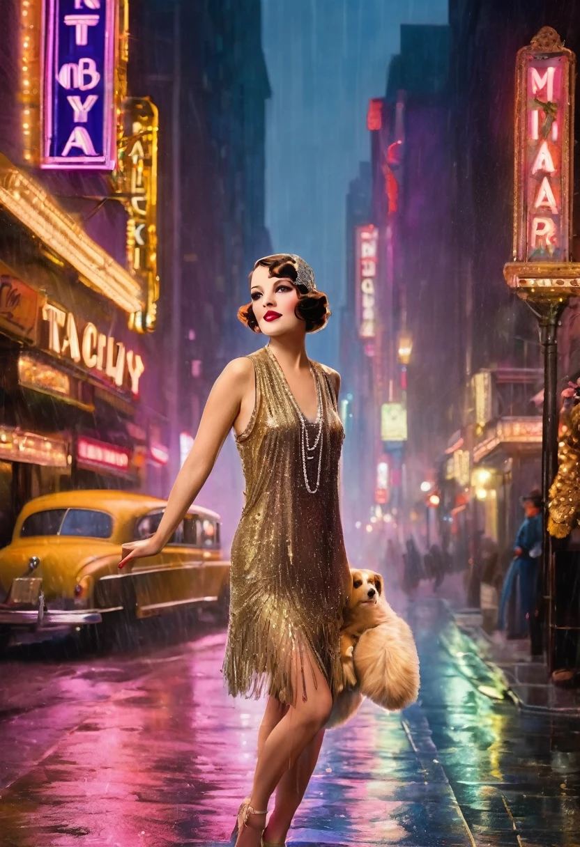 Quality improvement, Kathy Selden, 1920s chorus girl, big dreams, plucky, passionate, persistent, fiery spirit, impressive singing and dancing skills, warm, compassionate, high-pitched voice, clear, smooth, husky, sweet, floral scent, rose, lavender, jasmine, gardenia, lilac, daisy, athletic build, toned, agile, flexible, energetic, smooth skin, fair, light, pale, dark, tan, olive, bronze, ruddy, rosy, luminous, radiant, healthy, even, patchy, discolored, mottled, sunburned, windburned, taut, firm, loose, saggy, wrinkles, age spots, slack, healthy, glowing, radiant, dry, oily, acne-prone, sunburned, windburned, Hollywood glamour, 1920s fashion, elaborate costumes, bold colors, flapper dresses, fur-lined coat, Broadway Melody sequence, seductive, powerful, rainy night, city streets, streetlights, umbrellas, raindrops, misty atmosphere, warm lighting, soft focus, vibrant colors,