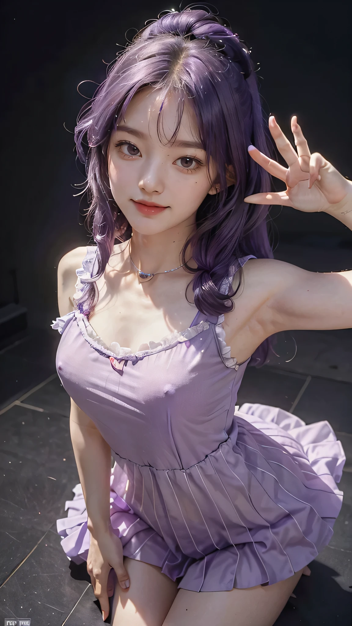 Hosino Ai, gloves, tongue sticking out, tongue, long hair, star (symbol), watch viewer, (purple hair: 1.2), purple eyes, upper body, hair ornament, ruffles, pink shirt, smile, sleeveless, shirt, idol, symbol shaped pupil, hands raised, bangs, one side up, star-shaped pupils, arms raised, dresspull, roaring twenties, isometric, from above, full body, rembrandt, Illustration, detail, depth of field, looking at the viewer, peace sign, hand raised, tongue out, highest quality, high resolution.